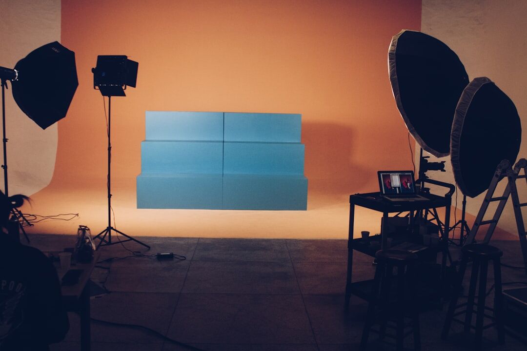 Empty television studio set with cameras and lights