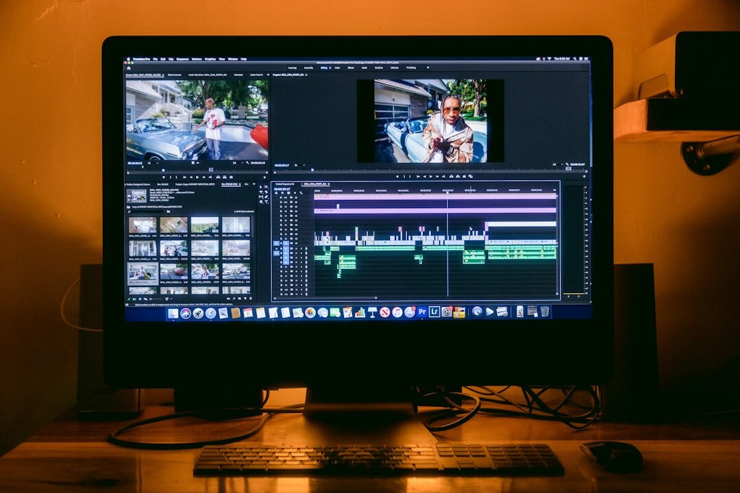 Video editor reviewing footage on a laptop